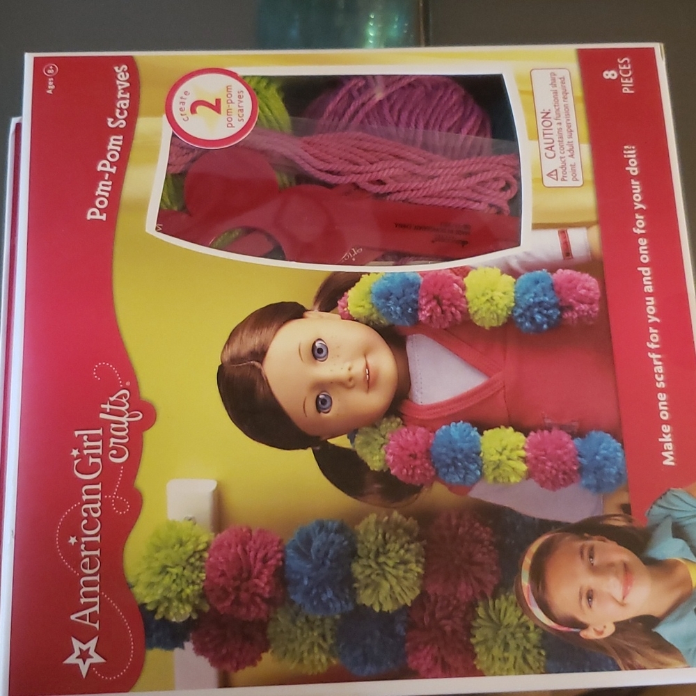 American Girl Crafts Pom-Pom Scarf 8 Piece Complete Box Kit Create 2 Scarves NEW